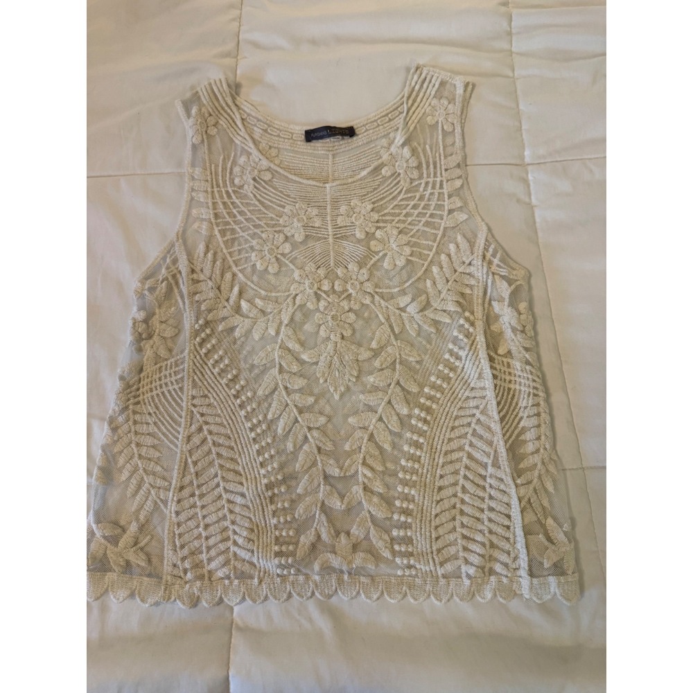 Flashing Lights Cream Ivory Embroidered Mesh Sleeveless Boho Scallop Hem Top